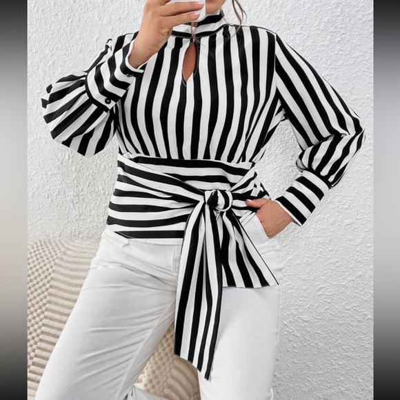 Plus Size Striped Long Sleeve Shirt Top Blouse Black White - Picture 1 of 5